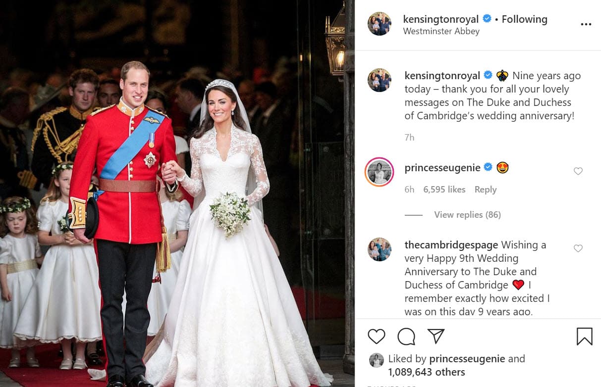 Con 
<b><a href="https://www.instagram.com/p/B_jrQkllbKE/" target="_blank">una foto</a></b> de su boda, celebrada en el año 2011, los Cambridge celebraron un año más de casados: "Hoy, hace nueve años, ¡gracias por todos sus encantadores mensajes en el aniversario de bodas del duque y la duquesa de Cambridge!". 
<br>