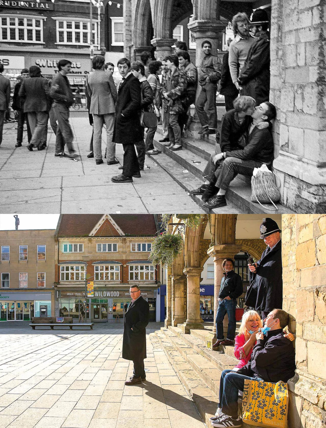 “Tuve que buscar un casco de la época para el policía, a veces tengo que valerme de utilería”, explicó el autor sobre esta combinación de fotografías. La primera fue tomada en vísperas de navidad en 1980 y la reunión en octubre de 2020.
<br>
<br>“La pareja que se besa en la foto antigua no siguió junta, pero aceptaron reunirse otra vez, aunque no pudieron besarse de nuevo por el covid-19”, bromeó Porsz. “El chico recostado de la columna se convirtió en un importante campeón británico de boxeo”, agregó.
<br>