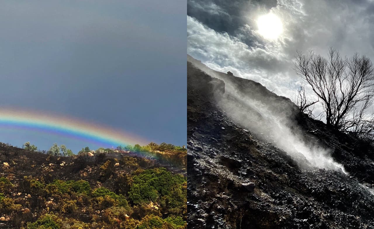 Fuego y lluvia: bomberos avanzan contra incendio Cave en Santa Bárbara
