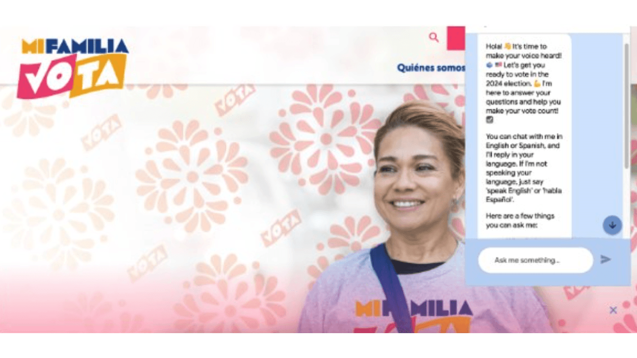 Captura de pantalla del chatbot en vivo en el sitio web Mi Familia Vota.