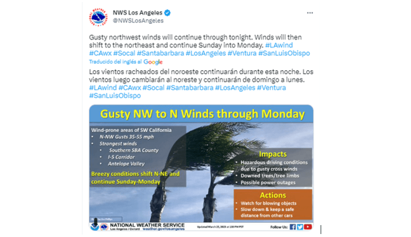 Emiten advertencia por vientos peligrosos y tormenta para LA