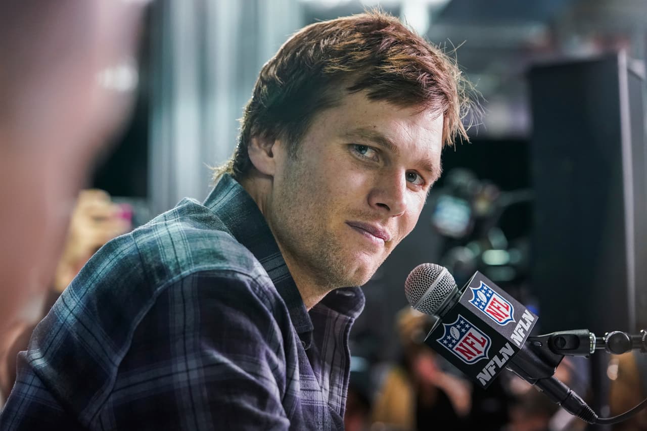 New England Patriots quarterback Tom Brady (#12) speaks during a press conference held ahead of Super Bowl LII by the New England Patriots at the Mall of America in Minneapolis, MN on February 1, 2018 (Photo by Anthony Behar/Sipa USA)(Sipa via AP Images)