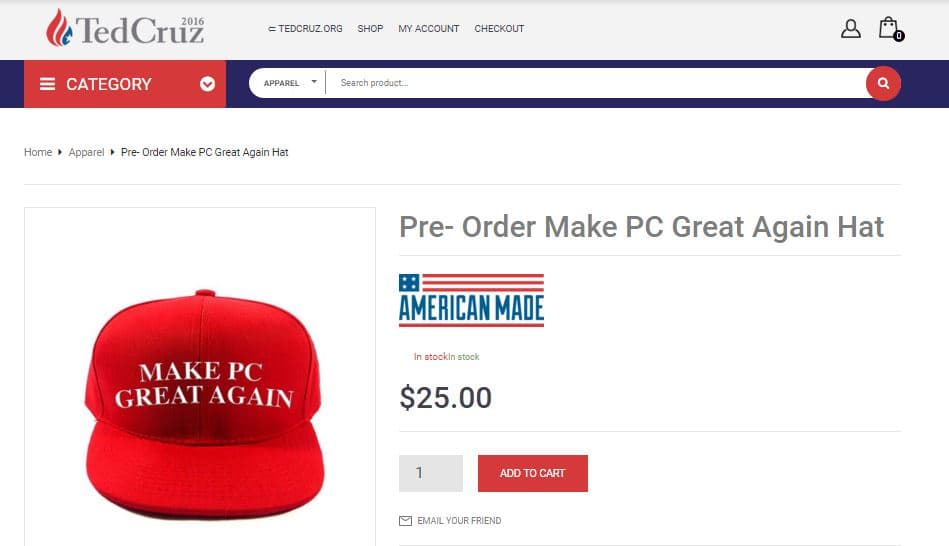 Ted Cruz acusa a Trump de ser "políticamente correcto" con esta gorra que dice: "Hacer PC (políticamente correcto) grandioso de nuevo"