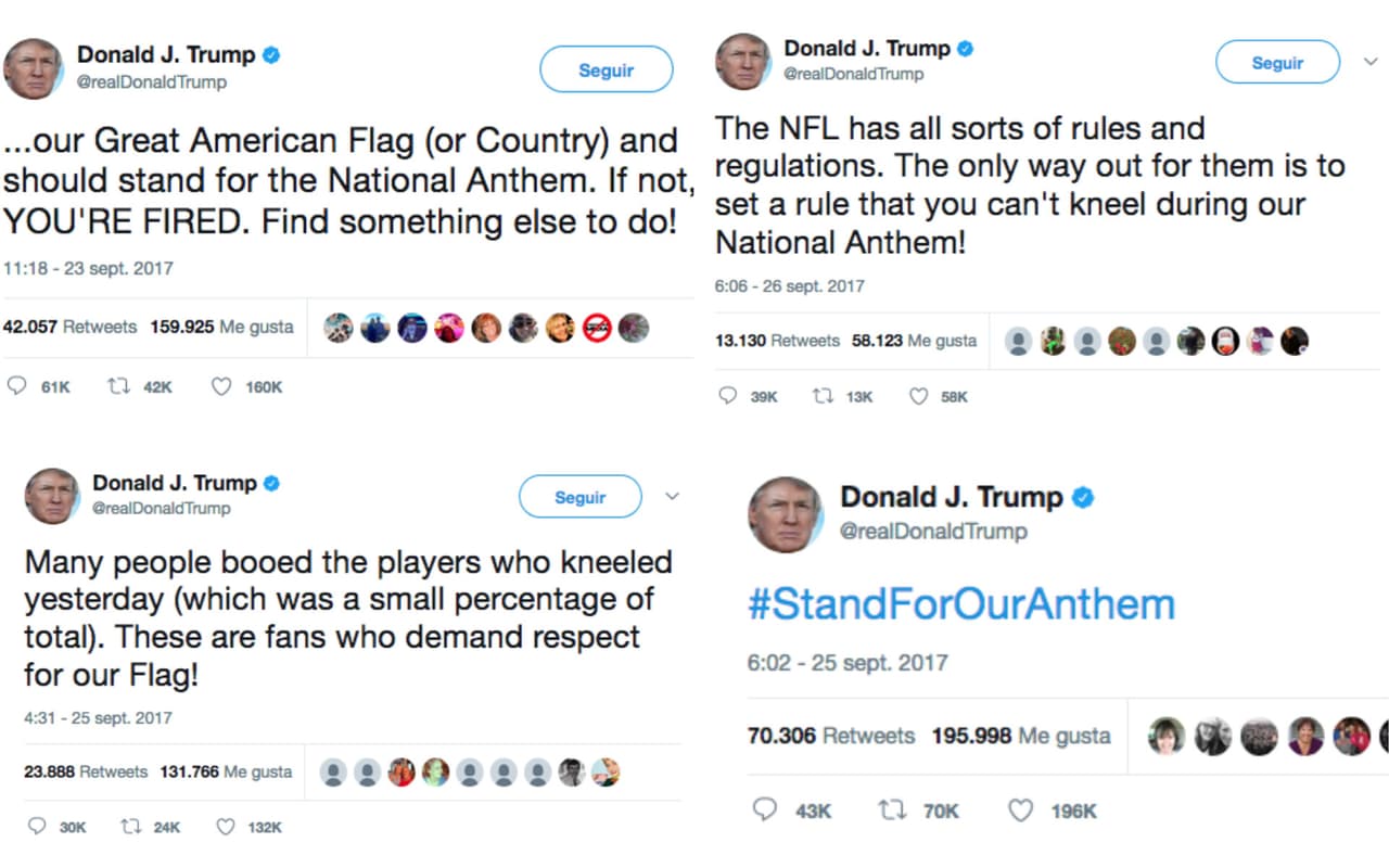 Así ha sido el seguimiento completo de los trinos que el presidente de Estados Unidos, Donald Trump, ha hecho como crítica a los jugadores que se arrodillan en el himno y luego a la propia NFL.