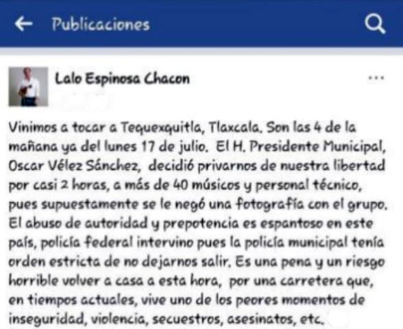 Extracto de la publicación realizada por uno de los miembros de la orquesta de Los Ángeles Azules.
