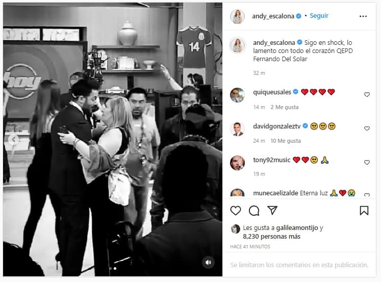 Andrea Escalona publicó un video en el que su fallecida madre, Magda Rodríguez, se abraza con Del Solar. "Sigo en shock, lo lamento con todo el corazón QEPD Fernando del Solar", escribió.
<br>