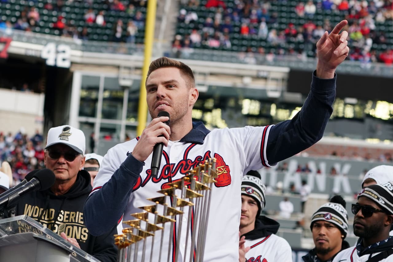 Atlanta Braves' Freddie Freeman speaks during a celebration at Truist Park, Friday, Nov. 5, 2021, in Atlanta. The Braves beat the Houston Astros 7-0 in Game 6 on Tuesday to win their first World Series MLB baseball title in 26 years. (AP Photo/John Bazemore)