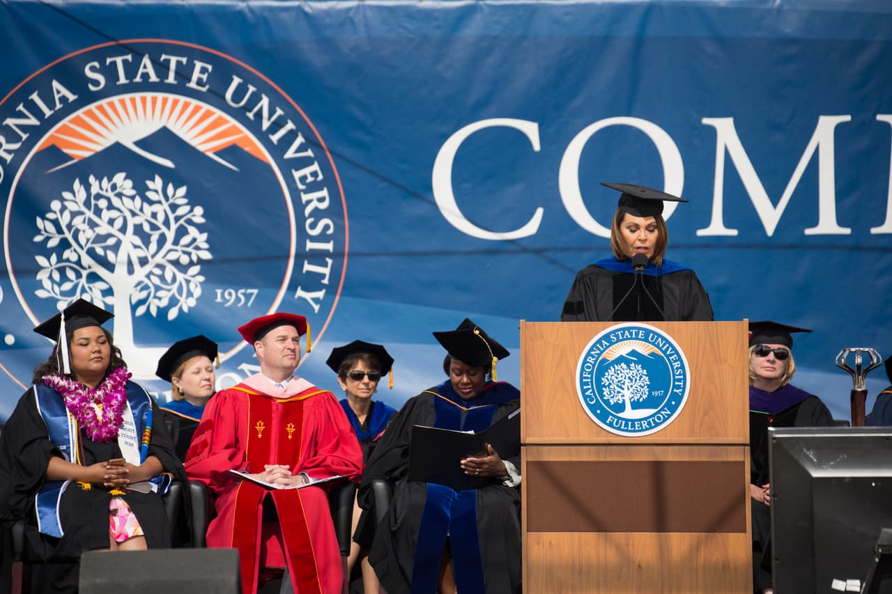 Giving the commencement speech at California State University.