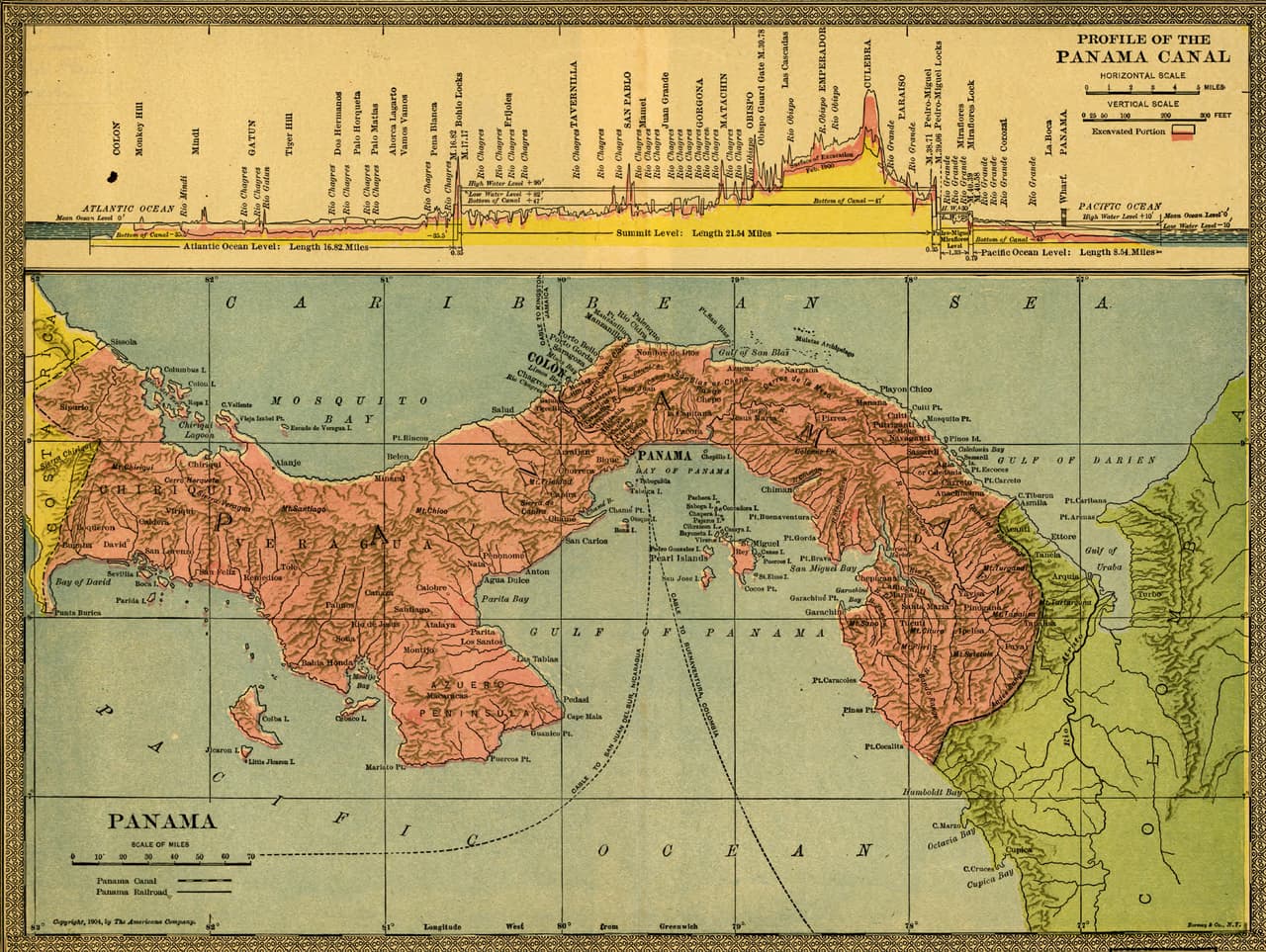 Separado de Colombia en 1903, el nuevo país, Panamá, concede a Estados unidos la continuación de la construcción del canal iniciado por los franceses. Mapa de 1904, Illustration de Americana Company.