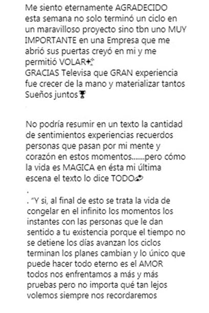 El actor mostró su agradecimiento a través de un emotivo mensaje en Instagram.