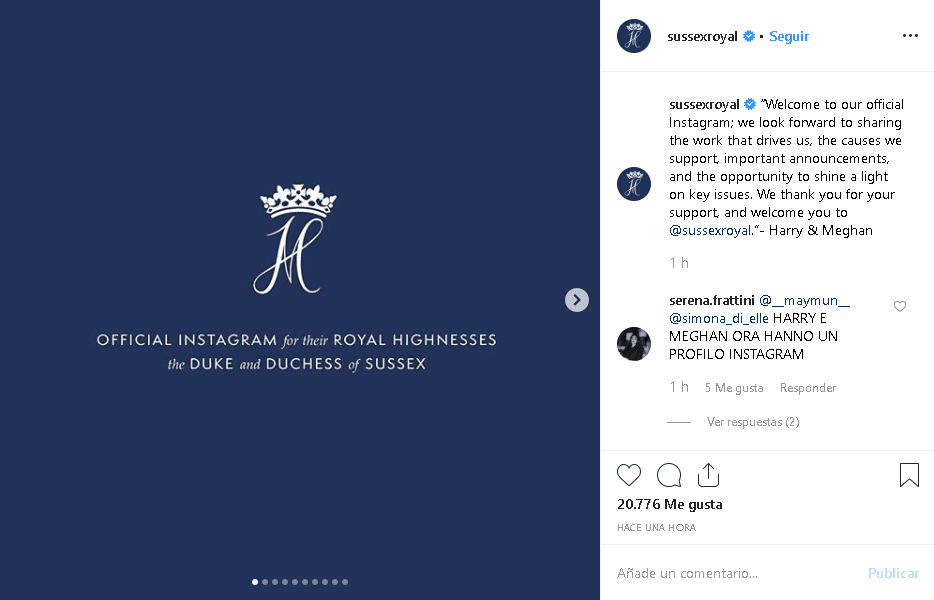 Este martes, 2 de abril de 2019, fue abierta la
<b> </b>cuenta oficial de 
<b><a href="https://www.instagram.com/sussexroyal/" target="_blank">Instagram The Duke and Duchess of Sussex @sussexroyal</a></b>, donde el príncipe Harry y su esposa, Meghan Markle, documentarán su diario vivir.