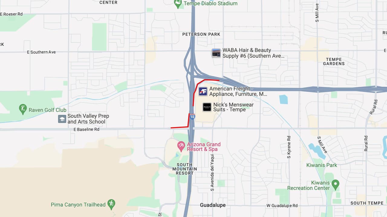 <b>Interestatal 10 oeste</b>
<br>La rampa de la Interestatal 10 en dirección oeste hacia la US 60 en dirección este estará cerrada desde las 10 p.m. del viernes 23, hasta las 10 a.m. del sábado 24 de febrero.
<br>
<br>La rampa de entrada a la I-10 en dirección este y oeste en Baseline Road.
<br>
<br>
<b>Rutas alternas</b>
<br>Conductores en la I-10 en dirección oeste pueden salir en Broadway Road y girar para ingresar a la I-10 en dirección este.