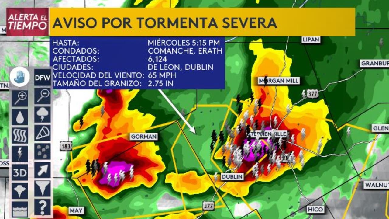 Tenemos un Aviso por Tormenta Severa para el condado de Comanche y Erath por vientos de hasta 65 mph y granizo del tamaño de hasta una pelota de baseball.