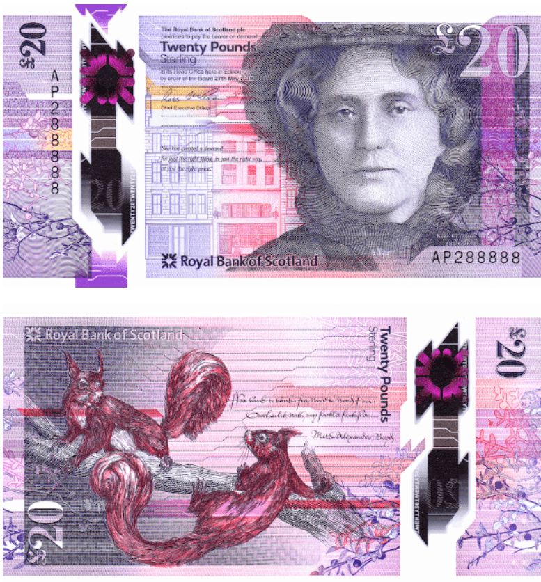 <h3 class="cms-H3-H3">3. Escocia (20 libras del Royal Bank of Scotland)</h3>
<br>
<br>En la parte frontal hay un fruto de arándano en las ramas, el logotipo del banco, la fachada del edificio The Willow Tearooms en Glasgow y 
<a href="https://www.theibns.org/joomla/index.php?option=com_content&view=article&id=765&catid=13&Itemid=51" target="_blank">a la emprendedora Kate Cranston.</a> 
<br>
<br>En el reverso hay también fruto de arándano en las ramas, dos ardillas rojas en la rama de un árbol, un extracto del poema 'Cupido y Venus' del poeta escocés del siglo XVI Mark Alexander Boyd.