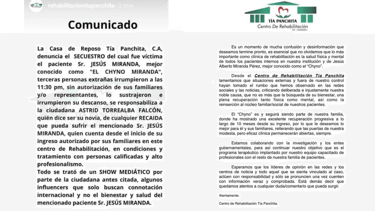 Comunicados del Centro de Rehabilitación Tía Panchita sobre Chyno Miranda.