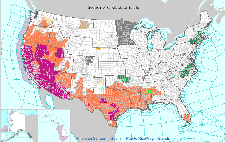 El mapa del NWS muestra en rosa y naranja las zonas bajo algún tipo de advertencia por altas temperaturas.