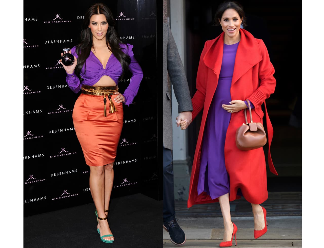 Este look de Kim Kardashian está por cumplir 10 años, lo usó el 8 de junio de 2011 en Londres. Se trata de un conjunto de la colección primavera-verano de Gucci de ese año. La duquesa también se dejó conquistar por el contraste que crean estos dos colores, cuando utilizó este vestido largo Aritzia, los tacones y el abrigo rojo de Sentaler.