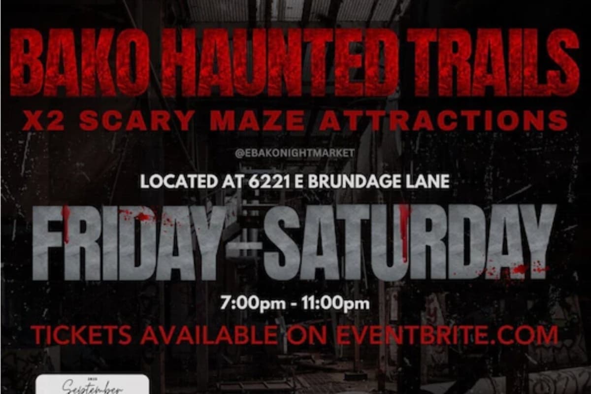 Senderos embrujados de Bako, se podrán visitar todo octubre en el 6221 East Brundage Lane. Vive esta experiencia de terror en compañía de tus amigos. Las entradas están disponibles para su compra en el sitio web de Eventbrite.