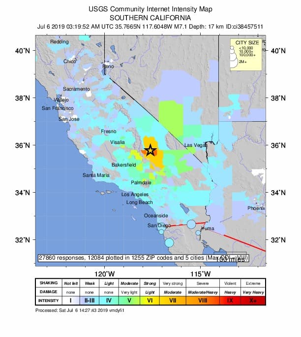 Mapa de intensidad del sismo del 5 de julio del Servicio Geológico de los Estados Unidos.