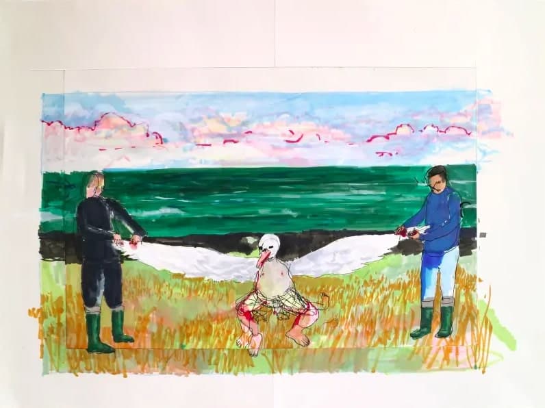 <b>Eduardo Berliner</b>
<br>
<i>Brasil</i>
<br>Albatroz, 2017
<br>Casa Triângulo
<br>Técnica mixta: marcador copic y tinta china sobre papel
<br>Tamaño: 18.1 × 24.2 pulgadas
<br>Miami Beach Convention Center | G29