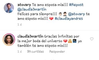 Andrés Tovar compartió la misma imagen publicada por su ahora esposa y Claudia respondió así al mensaje del productor.