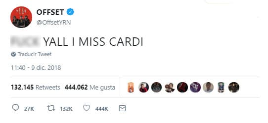 "Que se jodan todos. Extraño a Cardi", escribió confesando sus sentimientos.