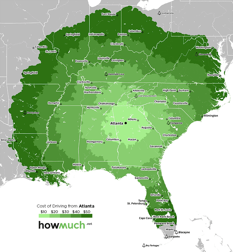 Mapa que muestra el costo de conducir desde Atlanta.