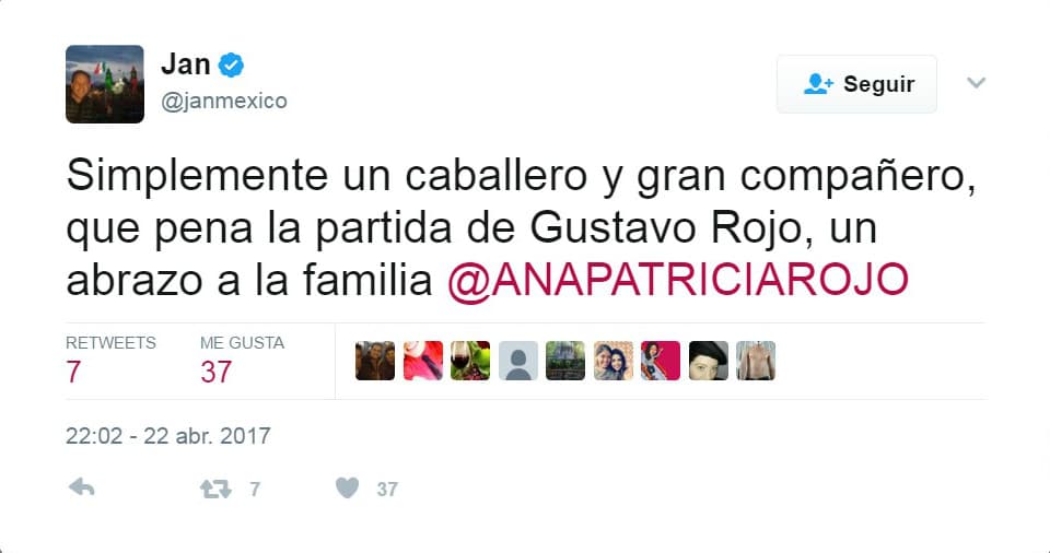 En 'Soñadoras'
<b>Jan</b> y
<b><a href="http://www.univision.com/temas/gustavo-rojo">Gustavo Rojo</a></b> trabajaron juntos, por lo que el también conductor se dijo sorprendido por la perdida del actor "Simplemente un caballero y gran compañero, que pena la partida de Gustavo Rojo, un abrazo a la familia @ANAPATRICIAROJO".