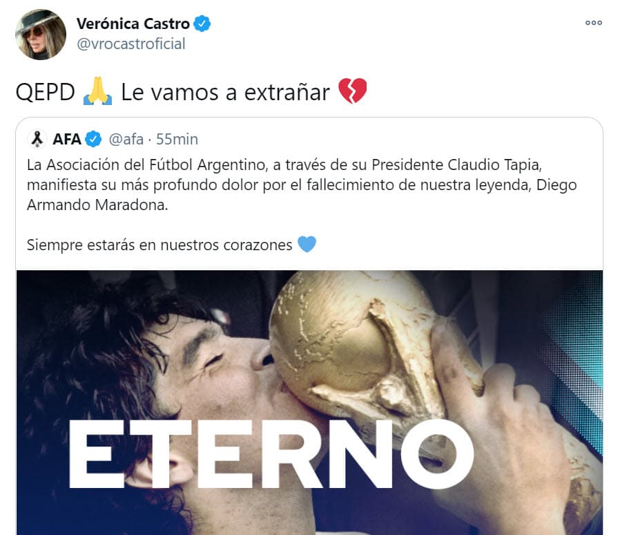 Verónica Castro expresó su dolor con este mensaje y
<b><a href="https://twitter.com/vrocastroficial/status/1331643812234588164" target="_blank">el emoticono del corazón roto. </a></b>