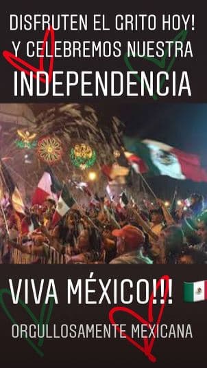 La actriz Eiza González también eligió sus redes sociales para enviar un mensaje de celebración para su natal país. "¡Disfruten el grito de hoy! Y celebremos nuestra independencia. ¡Viva México! Orgullosamente mexicana", escribió la protagonista de 'Amores verdaderos'.