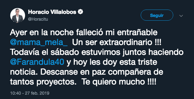 La noticia la dio a conocer el comunicador Horacio Villalobos, quien también era amigo cercano del actor, a través de su cuenta de Twitter.