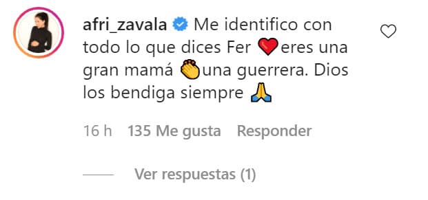 En un comentario que le dejó en Instagram, reconoció sentirse "identificada" con ella: "Eres una gran mamá, una guerrera", le escribió. 
<br>