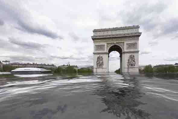 Uno de los monumentos más famosos del mundo: El Arco del Triunfo. Según el sitio, la elevación del agua sería hasta de 7 mil pies sobre el nivel del mar. Foto tomada del sitio worldunderwater.org.
