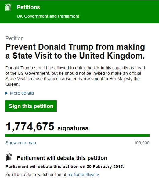 Esta iniciativa popular busca evitar que Trump sea recibido en visita de Estado.