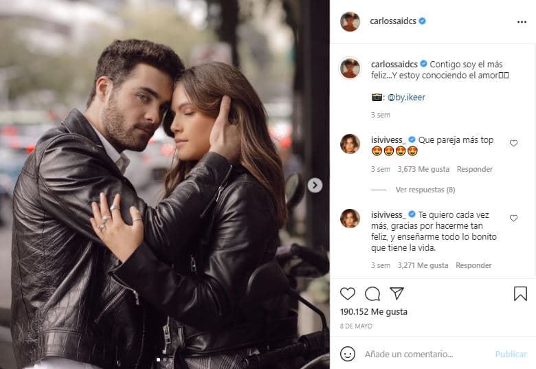 El 8 de mayo el actor, de 23 años, compartió una foto junto a la actriz en la que escribió: "Contigo soy el más feliz. Y estoy conociendo el amor". Ella respondió: "¡Qué pareja más top! Te quiero cada vez más, gracias por hacerme tan feliz, y enseñarme todo lo bonito que tiene la vida".