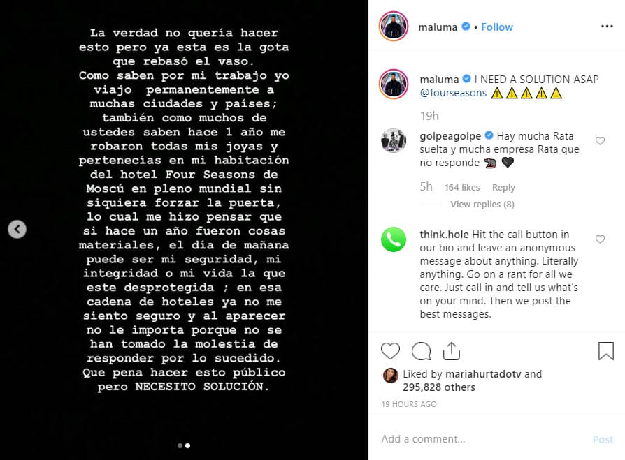 "Como muchos de ustedes saben hace un año me robaron todas mis joyas y pertenencias de mi habitación del hotel Four Seasons de Moscú en pleno mundial, sin siquiera forzar la puerta".