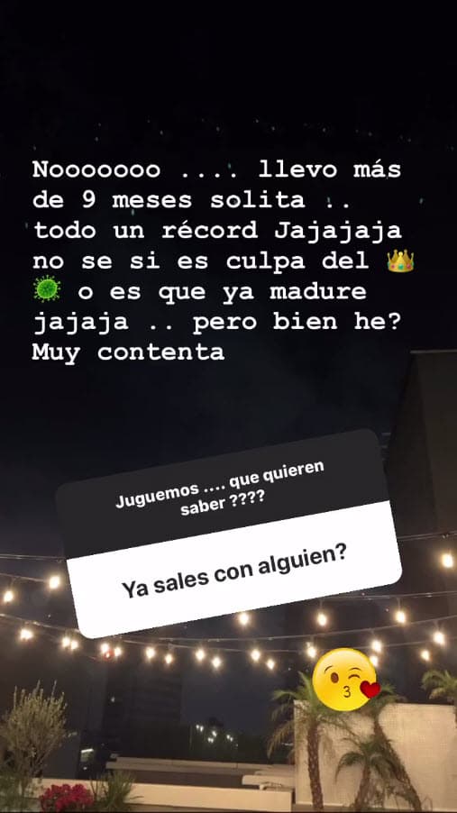 Aseguró que por el momento tampoco tiene citas y 
<b>consideró un "récord" estar tantos meses sin pareja</b>.