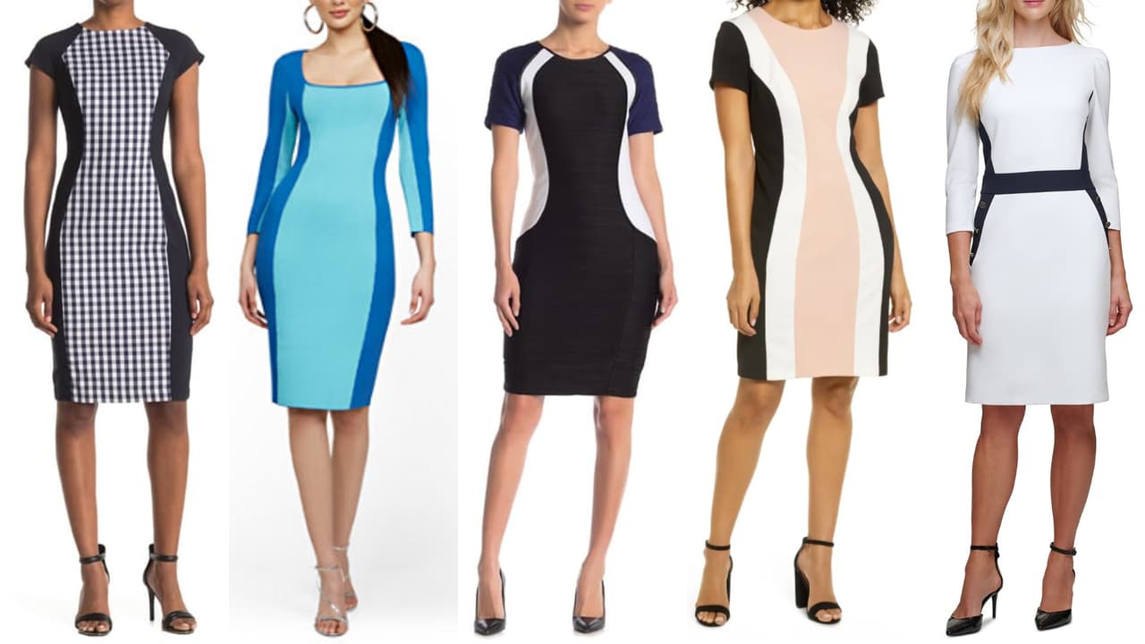 <b>4. Ilusión óptica </b>
<br>
<a href="https://www.nordstromrack.com/s/n3395237?color=NAVY%2FWHITE" target="_blank">Vestido recto</a> con bloques de color laterales de Maggy London en Nordstrom Rack. Precio: $44.97
<br>
<a href="https://www.nyandcompany.com/blue-colorblock-sweater-dress/A-prod22170115/" target="_blank">Vestido de punto</a> color block en azul de NY&C. Precio: $47.97
<br>
<a href="https://www.nordstromrack.com/s/n2818212?color=BLACK%2FINK" target="_blank">Vestido recto estilo otomano</a> color block de Shani en Nordstrom Rack. Precio: $49.97
<br>
<a href="https://www.nordstrom.com/s/connected-apparel-colorblock-short-sleeve-dress/5826435" target="_blank">Vestido de manga corta</a> en bloques de color de Connected Aparel en Nordstrom. Precio: $69
<br>
<a href="https://www.macys.com/shop/product/dkny-colorblocked-sheath-dress?ID=11581105&CategoryID=5449" target="_blank">Vestido recto en bloques de color blanco y negro</a> de DKNY en Macy’s. Precio: $69.99
<br>
<br>Las líneas y los estampados colocados estratégicamente pueden lograr maravillas. Lo importante es desviar la mirada hacia donde queremos atraer la atención. Si no tienes el vestido, puedes lograr el mismo efecto colocando un sueter, ensamble o saco encima para dirigir la atención hacia un solo punto.