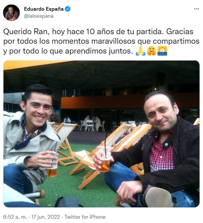 "Querido Ran, hoy hace 10 años de tu partida. Gracias por todos los momentos maravillosos que compartimos y por todo lo que aprendimos juntos", escribió el actor de Vecinos en esta fotografía.
<br>