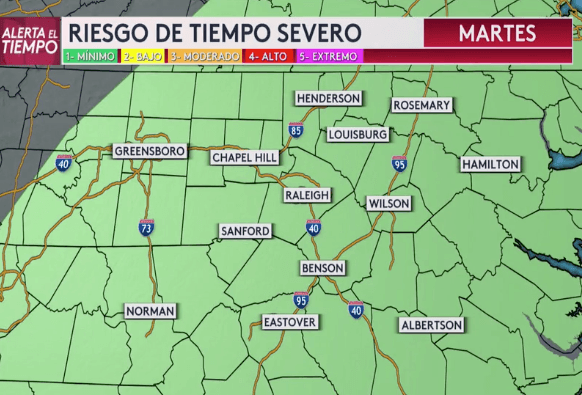 Tormentas severas: pronostican fuertes lluvias el martes en Carolina del Norte
