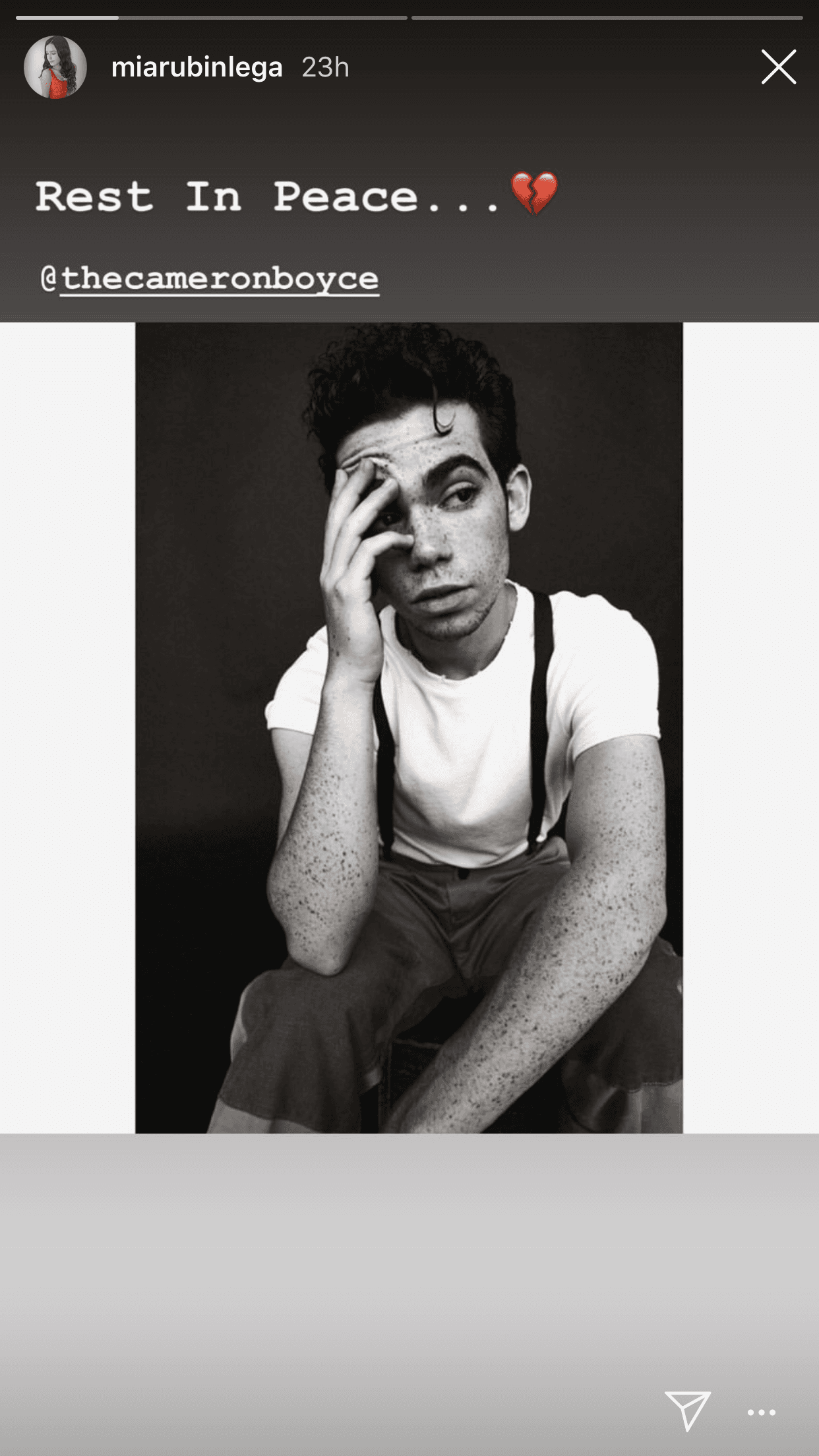 Personalidades de la farándula mexicana también se manifestaron por el fallecido actor. La hija de Andrea Legarreta y Erik Rubín,
<b><a href="https://www.instagram.com/miarubinlega/?hl=es-la" target="_blank">Mía Rubín</a></b>, publicó en sus historias de Instagram esta imagen con el texto:
<b>"Descansa en paz"</b>.