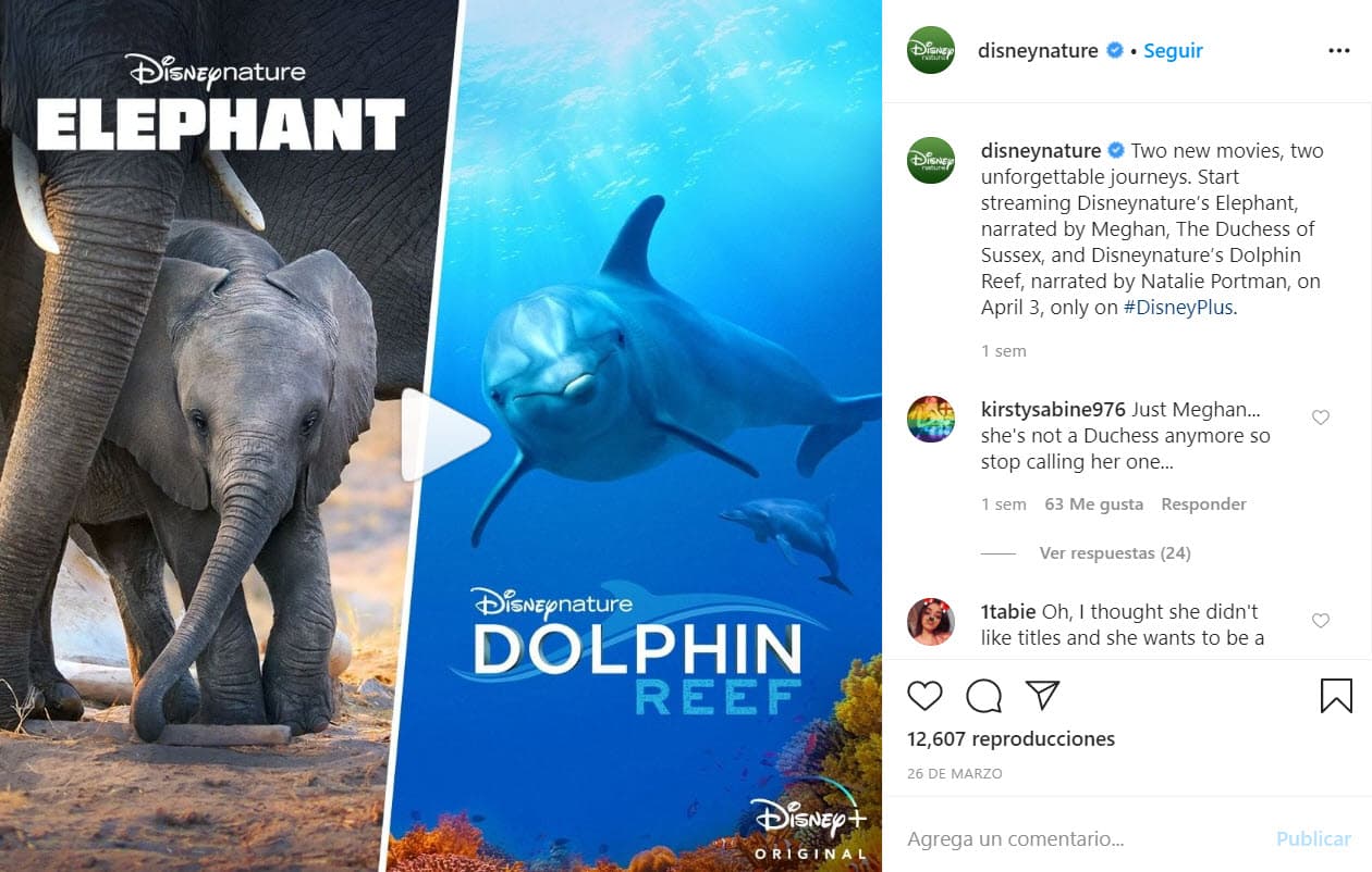 A través de las redes sociales la famosa productora informó que, "una película original narrada por Meghan, duquesa de Sussex, comienza a transmitirse el 3 de abril, solo en Disney Plus", se lee.
<br>