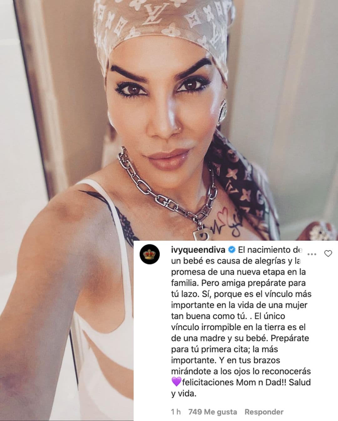La cantante puertorriqueña Ivy Queen le escribió un conmovedor mensaje: "El nacimiento de un bebé es causa de alegrías y la promesa de una nueva etapa en la familia. Pero, amiga, prepárate para tu lazo. Sí, porque es el vínculo más importante en la vida de una mujer tan buena como tú. El único vínculo irrompible en la Tierra es el de una madre y su bebé. Prepárate para tu primera cita: la más importante. Y en tus brazos, mirándote a los ojos, lo reconocerás. Felicitaciones, mom and dad! Salud y vida".