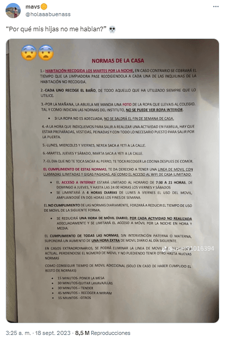 Mamá deja estricto reglamento a sus hijos.