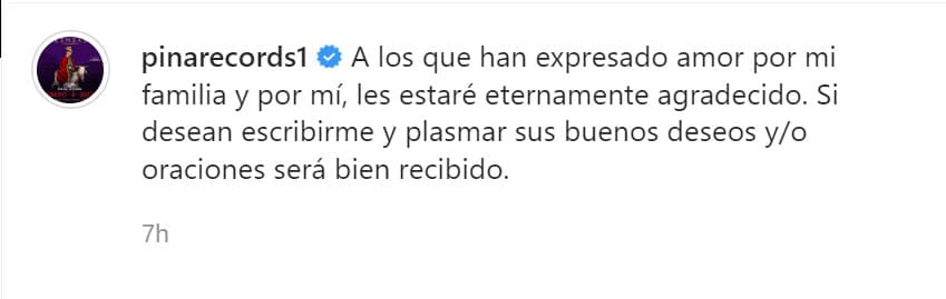 En el mensaje con el que la acompañó fue dirigido hacia sus seguidores: "Si desean escribirme y plasmar sus buenos 
<b>deseos y/o oraciones serán bien recibidos</b>".
<br>