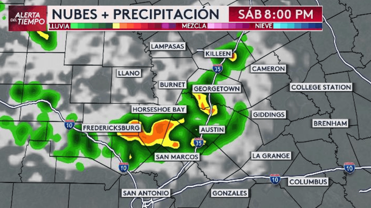 A las 8 pm llegarán las tormentas a Austin. Presta especial atención a las zonas donde se espera mayor concentración de lluvia.