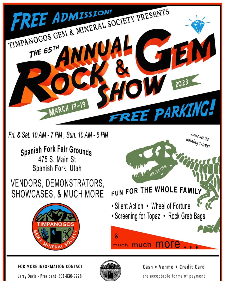 <b>Fiesta de la roca</b>
<br>Aprenda sobre la caza y el pulido de rocas, habrá vendedores, demostradores y mucho más en el Timpanogos Gem and Mineral Annual Rock and Gem Show. Se llevará a cabo el fin de semana en el recinto ferial Spanish Fork.
<br>