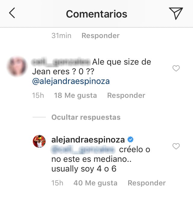 Además de responder a sus 'haters', Alejandra Espinoza también contestó a algunos cuestionamientos que le hicieron sus seguidores, como este, en donde le preguntaron su talla.