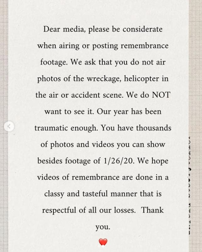"Estimados medios de comunicación, 
<b>sean considerados</b> cuando publiquen imágenes del recuerdo. Les pedimos que no transmita fotos de los restos, el helicóptero en el aire o la escena del accidente. 
<b><a href="https://www.univision.com/shows/el-gordo-y-la-flaca/recordamos-la-entrevista-a-la-suegra-de-kobe-bryant-en-la-que-destapo-la-dificil-relacion-con-su-hija-vanessa-video">No queremos verlo</a></b>". 
<br>