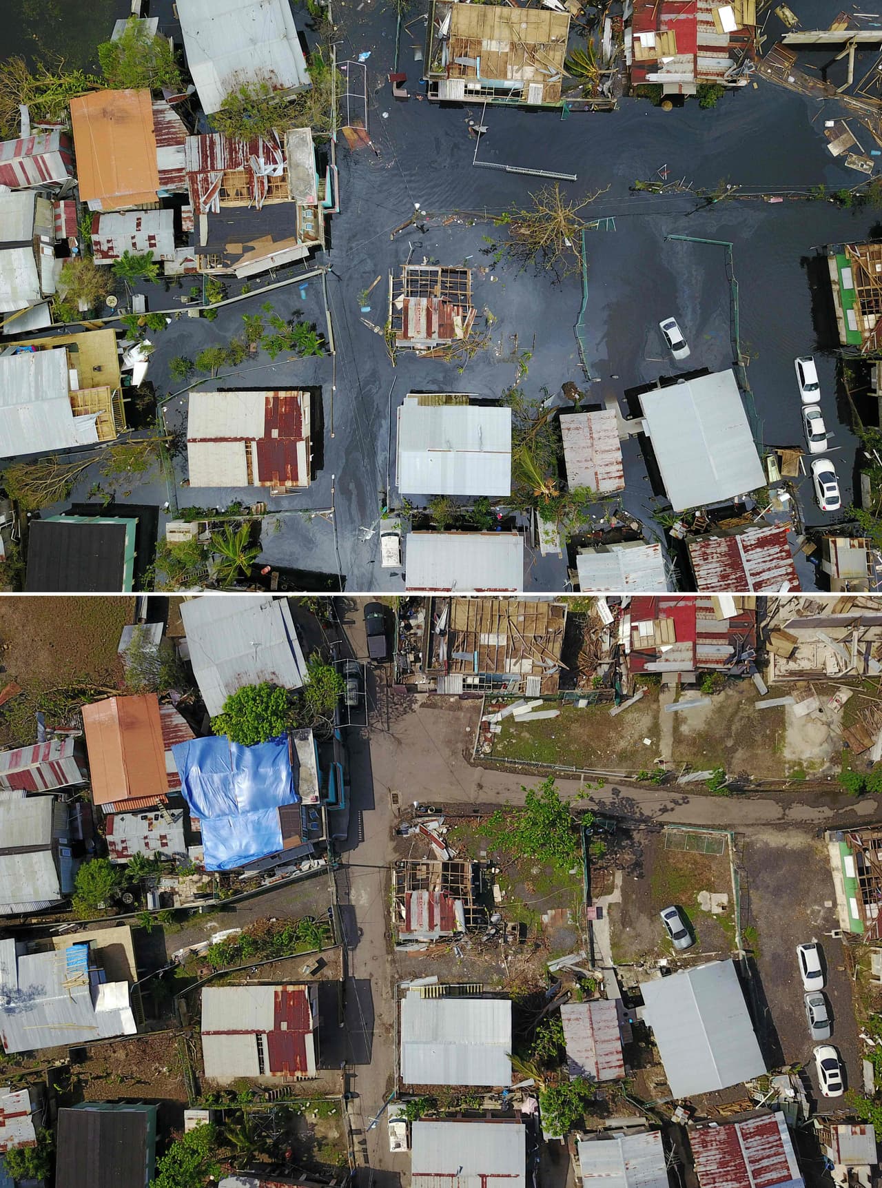 Vista aérea del barrio Juana Matos, en Cataño, tras el ciclón y seis meses después.